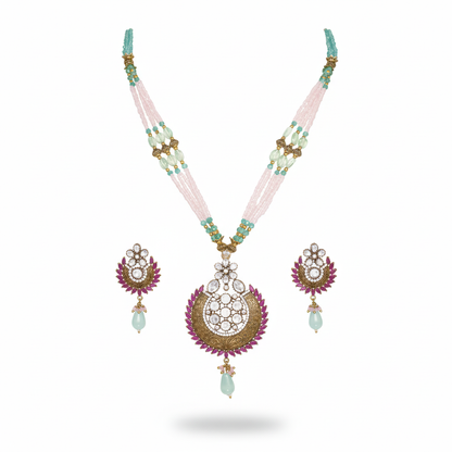 Pink & Aqua Beaded Pendant Necklace