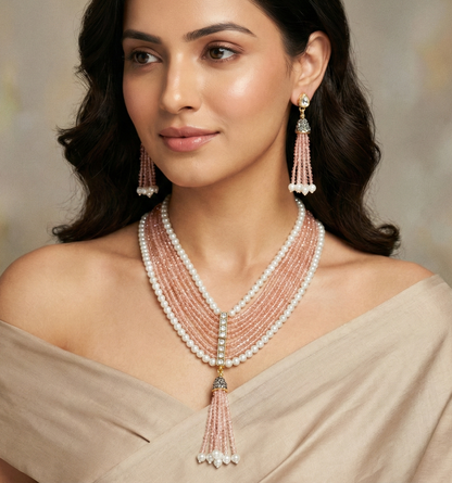 Blush Pink Crystal and Pearl Multi-Strand Tassel Necklace Set
