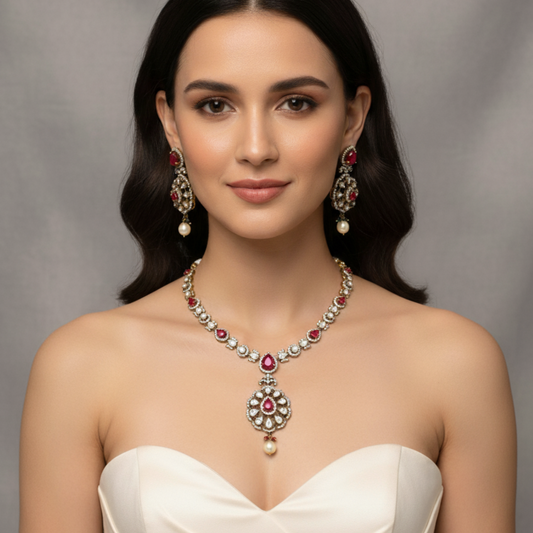 Ruby Red & Pearl Antique Necklace Set