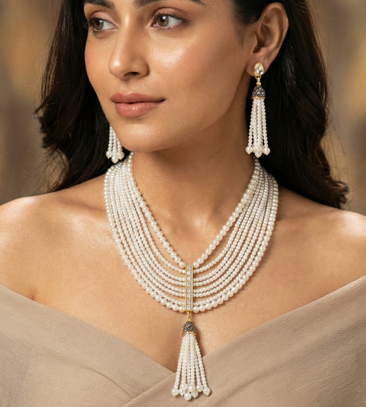 Aadya Multi-Strand Pearl Tassel Necklace Set