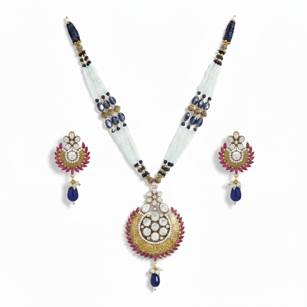 Designer Beaded Pendant Necklace with Matching Earrings