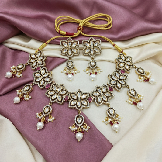 Floral Kundan and Pearl Necklace Set in Maroon