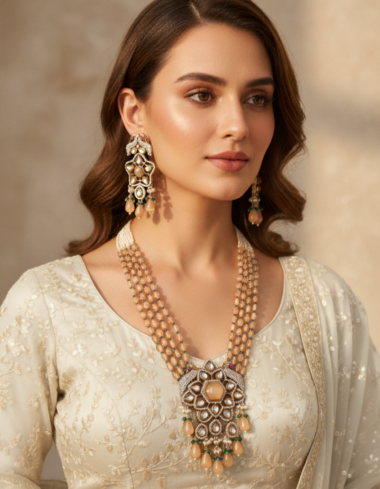 Peach Moissanite & American Diamond Necklace Set