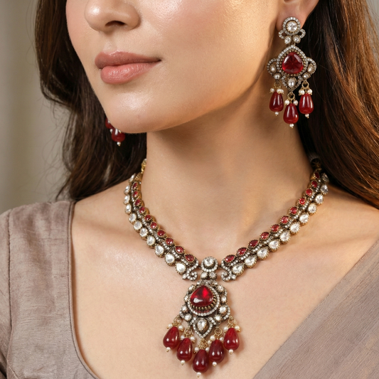 Antique Ruby Red Pearl Necklace Set