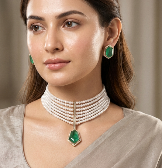 Celebrity-Inspired light Green Doublet Stone Pearl Choker