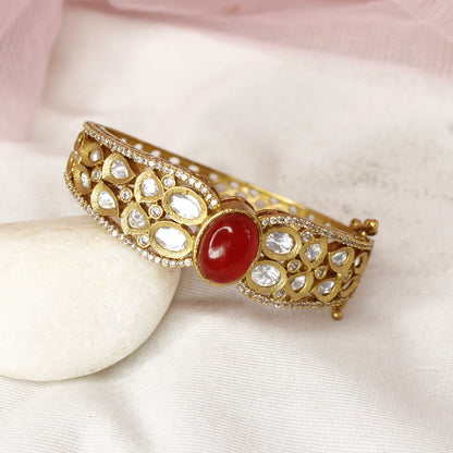 Traditional Jadau Style Antique Polki Kada with Red Stone