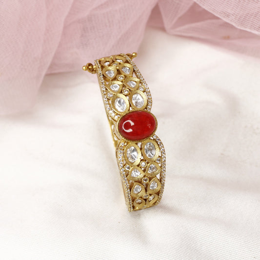 Traditional Jadau Style Antique Polki Kada with Red Stone