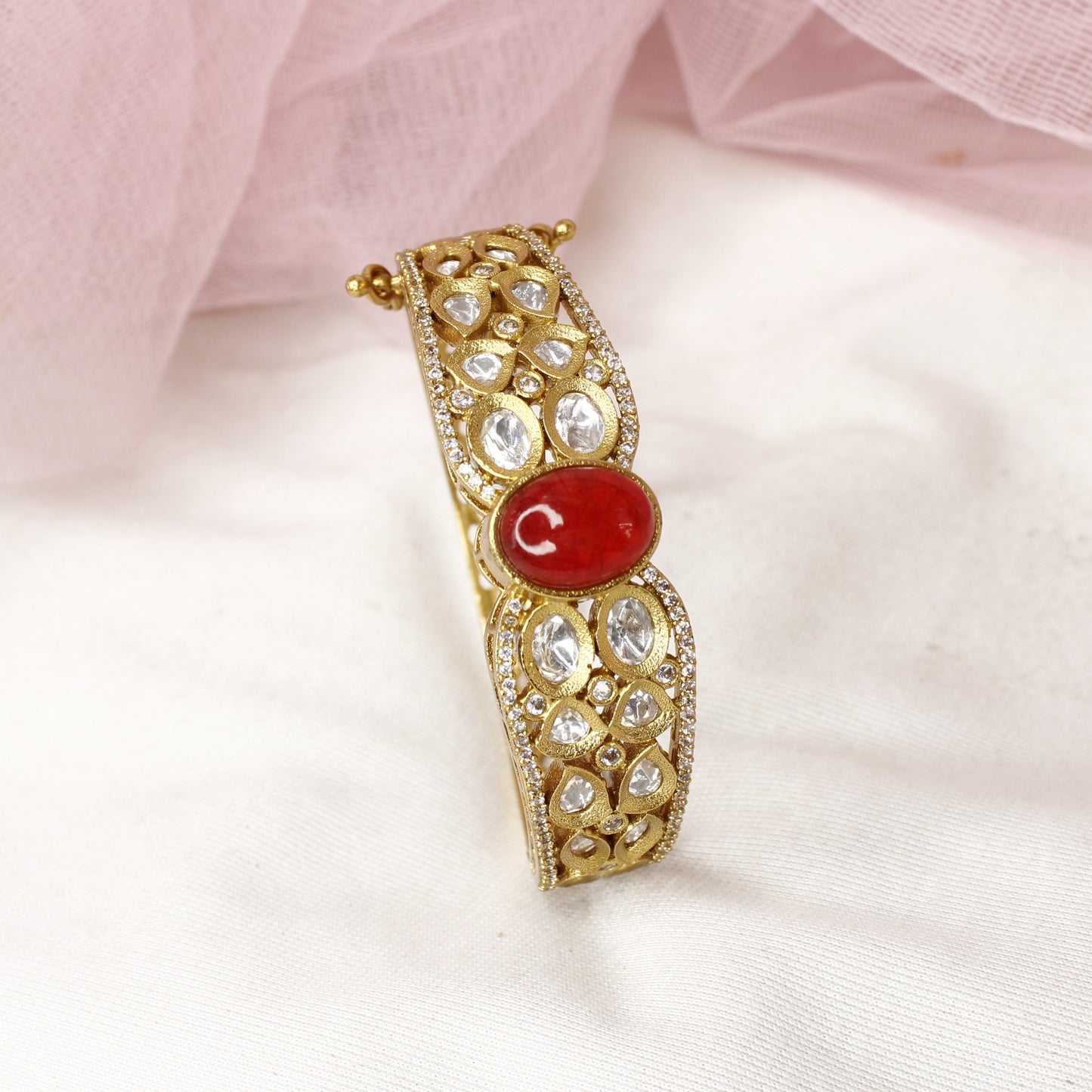 Traditional Jadau Style Antique Polki Kada with Red Stone