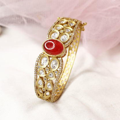 Traditional Jadau Style Antique Polki Kada with Red Stone