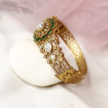 Royal Antique Polki Kada with Emerald Green Stones