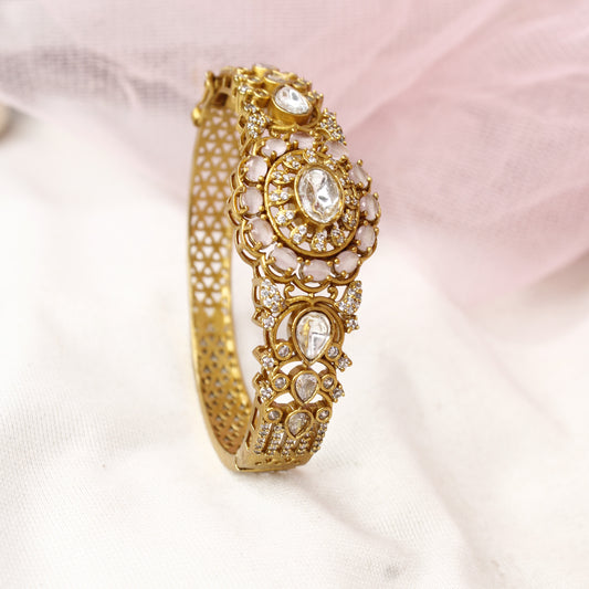 Elegant Antique Polki Kada with Rose Pink Stones