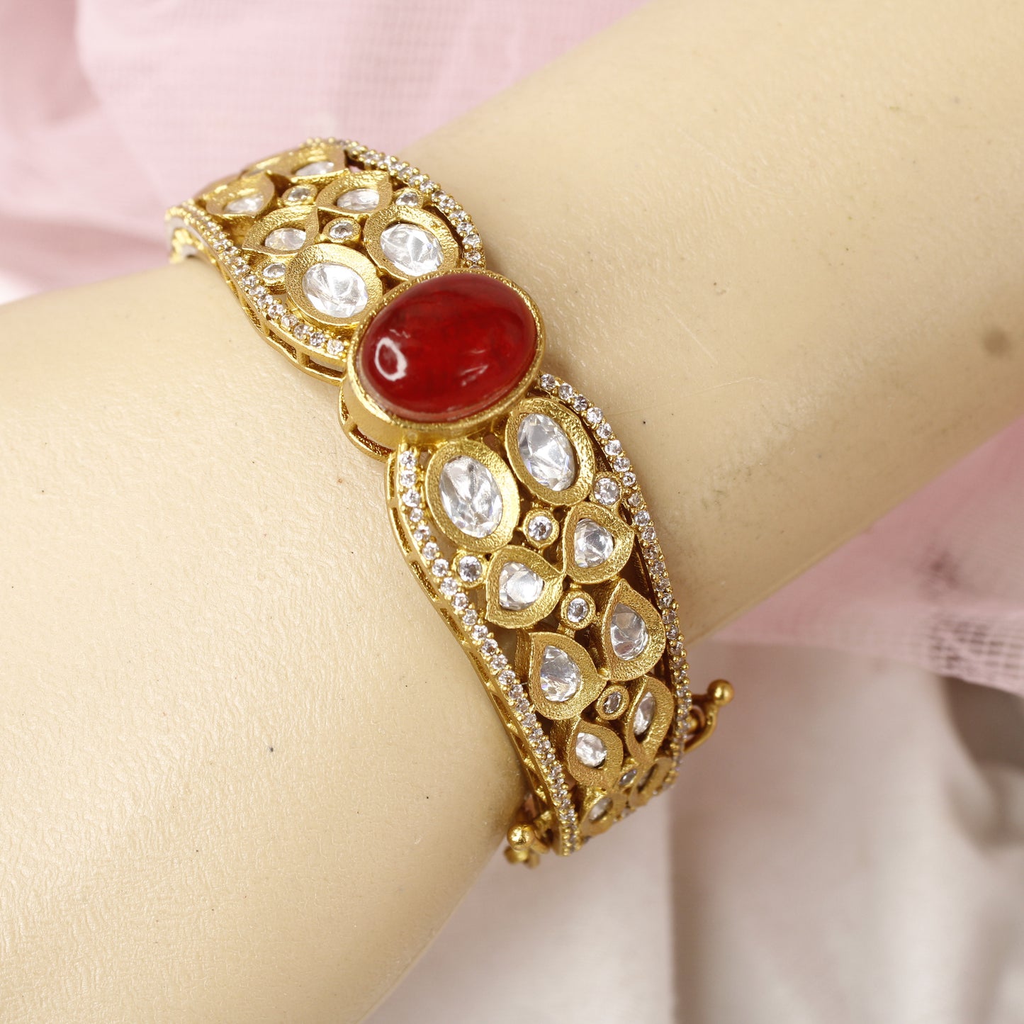 Traditional Jadau Style Antique Polki Kada with Red Stone