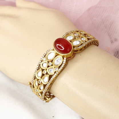 Traditional Jadau Style Antique Polki Kada with Red Stone