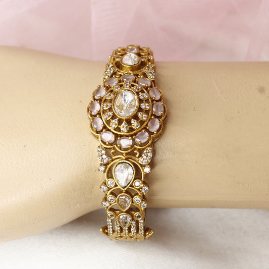 Elegant Antique Polki Kada with Rose Pink Stones