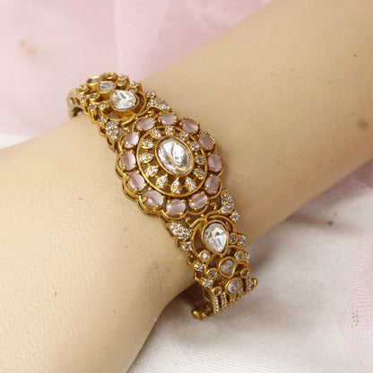 Elegant Antique Polki Kada with Rose Pink Stones