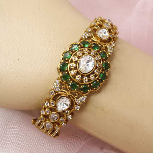 Royal Antique Polki Kada with Emerald Green Stones