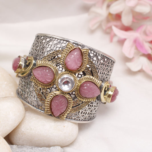 Antique Dual Tone Filigree Cuff Kada with Pink Stones