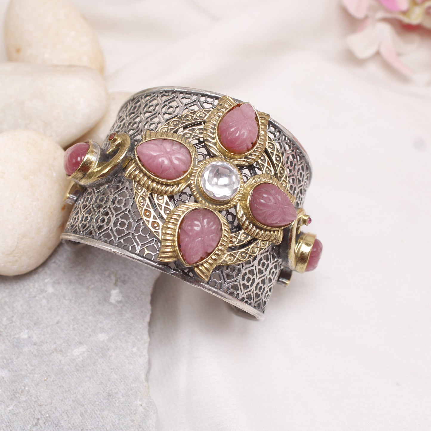 Antique Dual Tone Filigree Cuff Kada with Pink Stones
