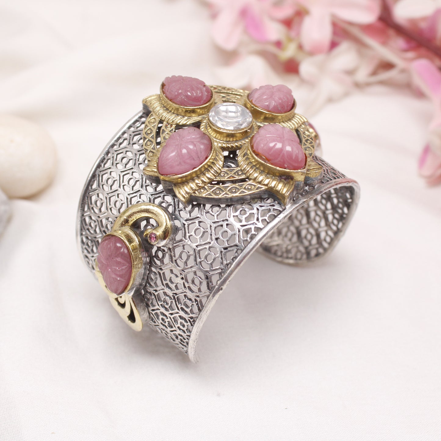 Antique Dual Tone Filigree Cuff Kada with Pink Stones