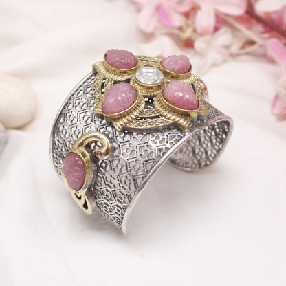 Antique Dual Tone Filigree Cuff Kada with Pink Stones