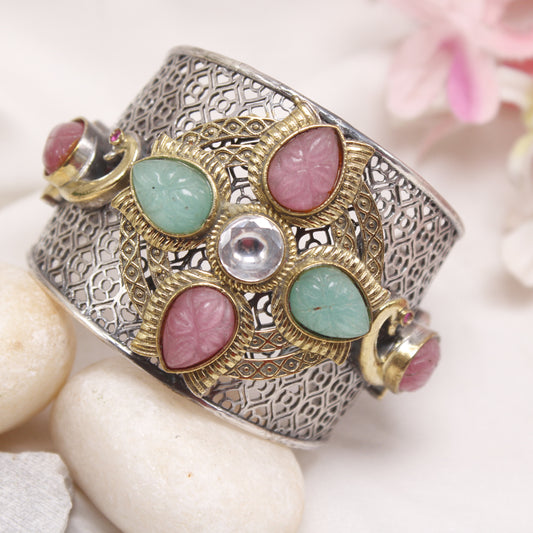 Antique Dual Tone Filigree Kada with Pink and Green Stones