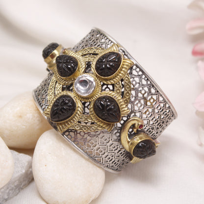 Navraee Dual Tone Antique Filigree Statement Kada with Carved Black Stones