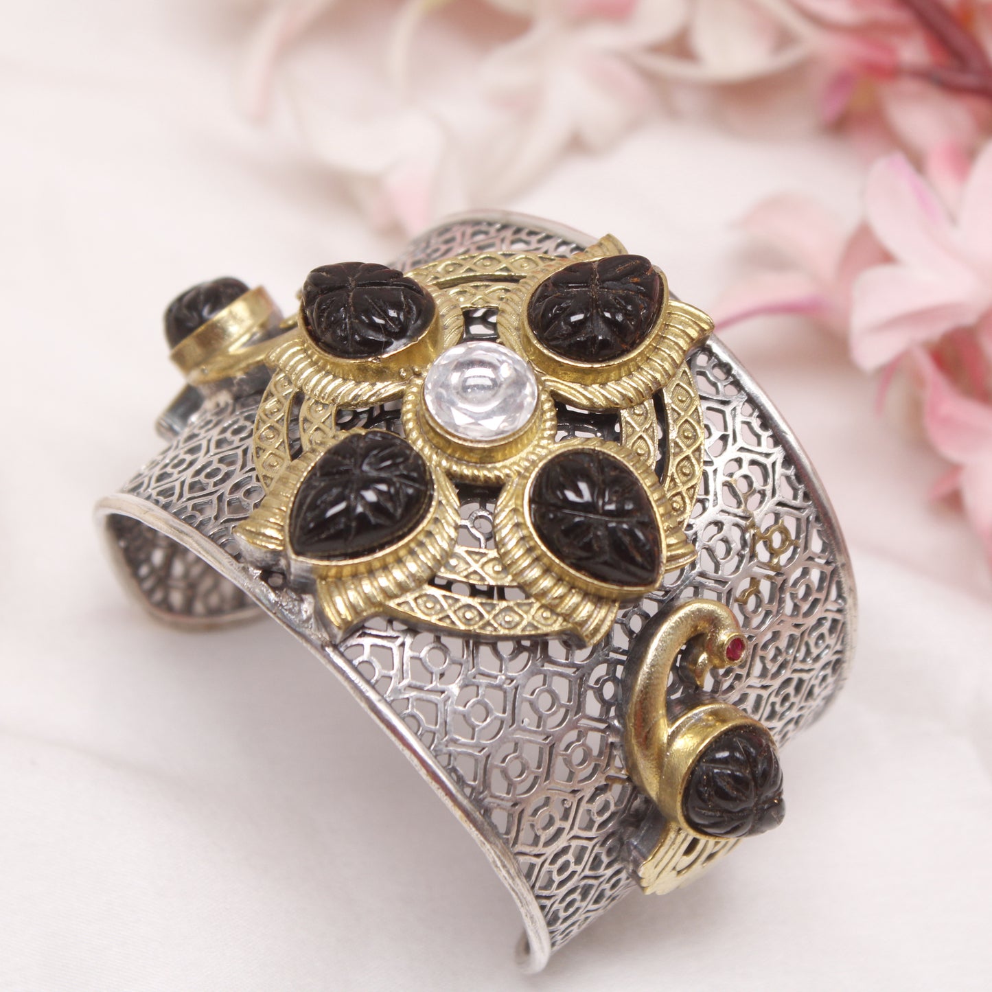 Navraee Dual Tone Antique Filigree Statement Kada with Carved Black Stones
