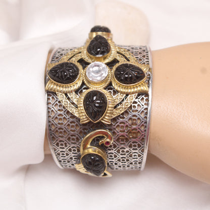 Navraee Dual Tone Antique Filigree Statement Kada with Carved Black Stones