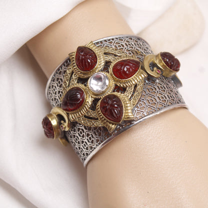 Antique Dual Tone Statement Kada with Peacock Motif and Carved Red Stones