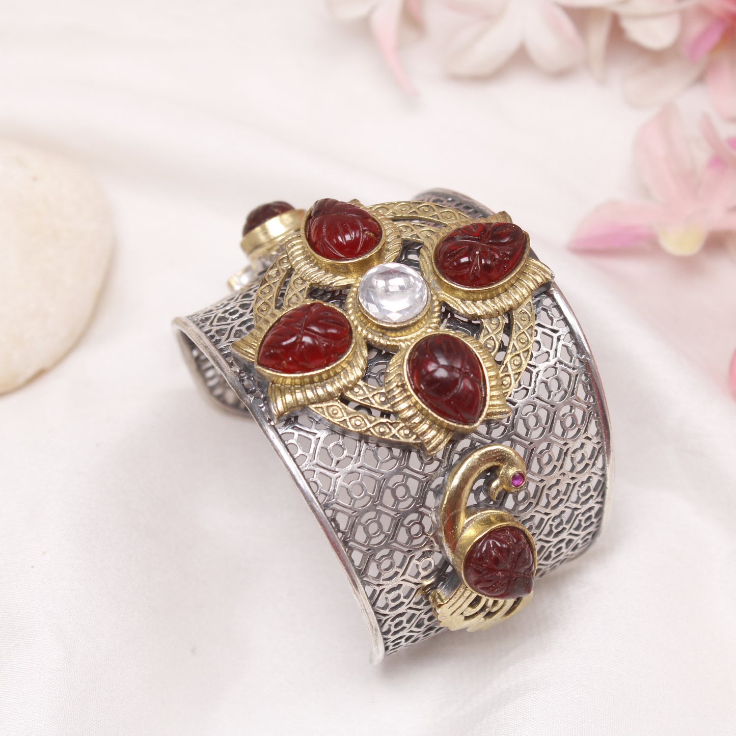 Antique Dual Tone Statement Kada with Peacock Motif and Carved Red Stones