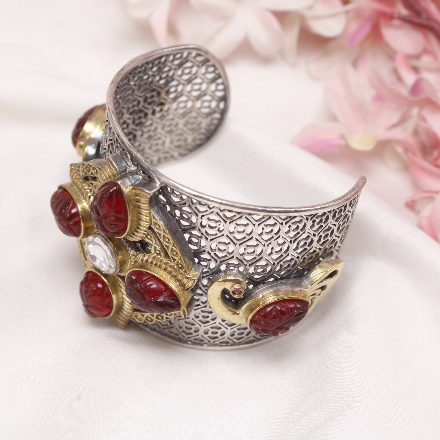 Antique Dual Tone Statement Kada with Peacock Motif and Carved Red Stones
