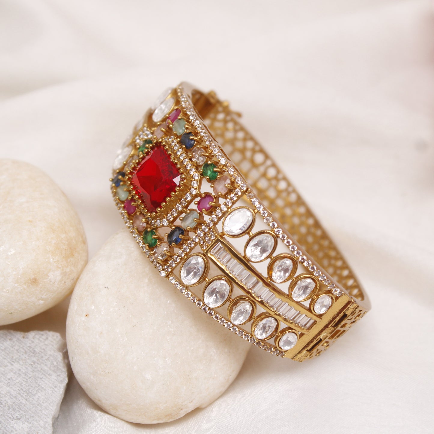 Navraee Royal Rajwadi Micro Gold Plated Multi-Stone Single Kada with Red Centerpiece