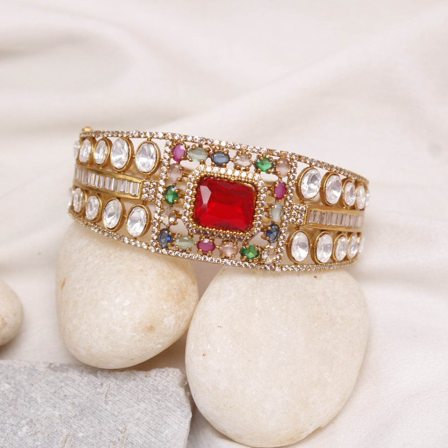 Navraee Royal Rajwadi Micro Gold Plated Multi-Stone Single Kada with Red Centerpiece
