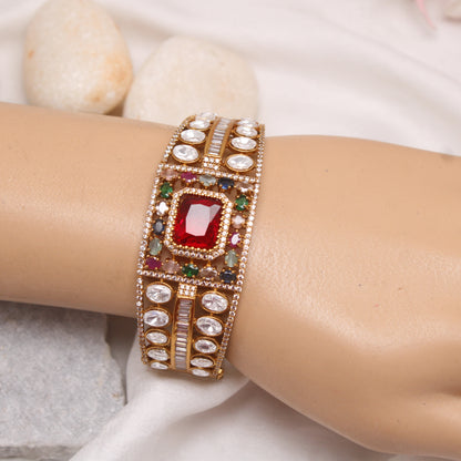 Navraee Royal Rajwadi Micro Gold Plated Multi-Stone Single Kada with Red Centerpiece