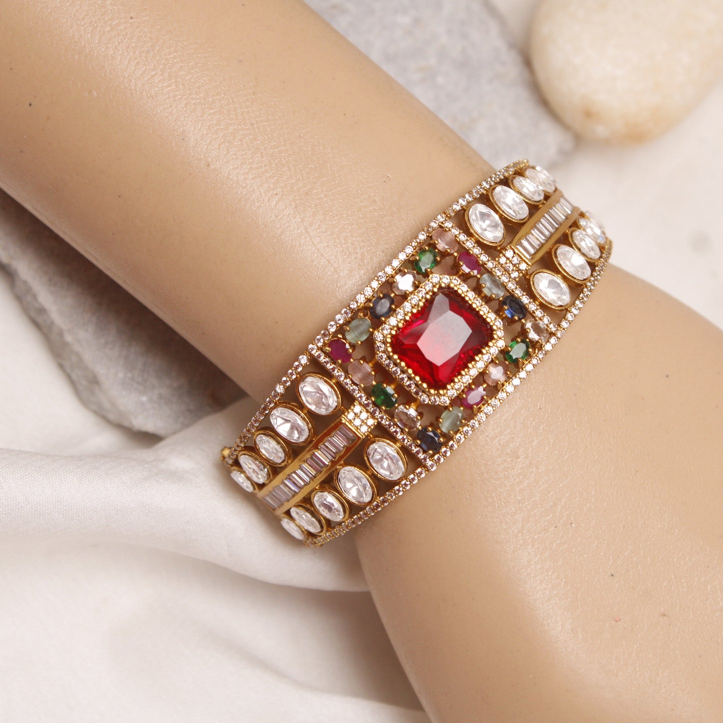 Navraee Royal Rajwadi Micro Gold Plated Multi-Stone Single Kada with Red Centerpiece