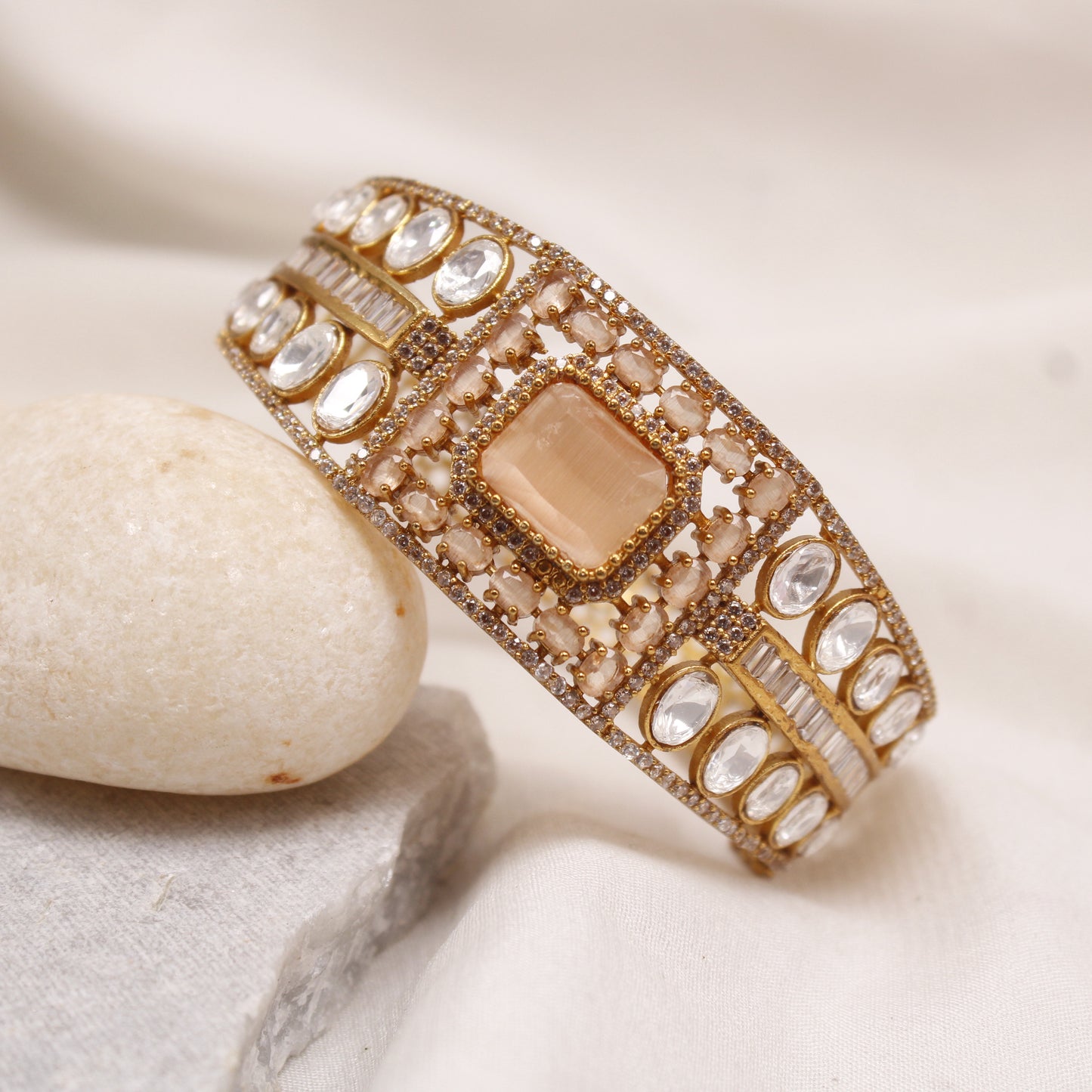 Royal Peach & American Diamond Studded Gold Plated Single Kada