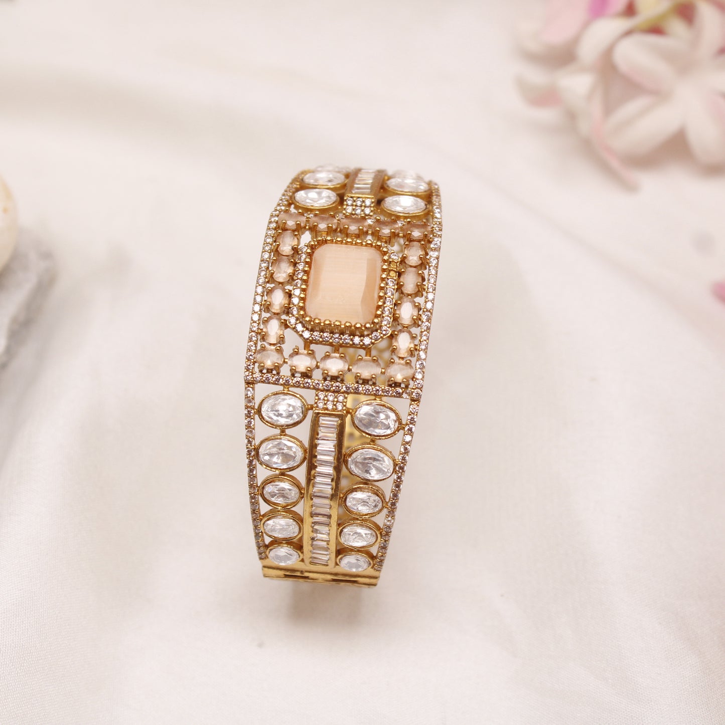 Royal Peach & American Diamond Studded Gold Plated Single Kada