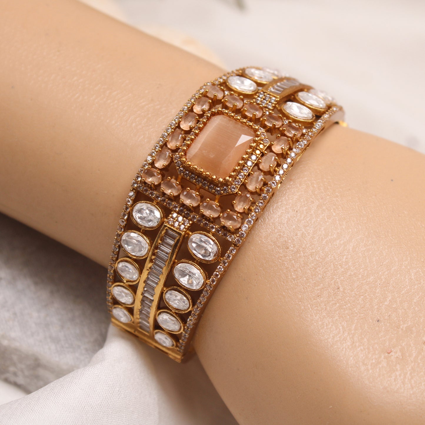 Royal Peach & American Diamond Studded Gold Plated Single Kada