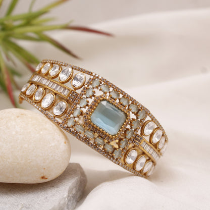 Premium Micro Gold Plated AD & Light Blue Stone Statement Kada