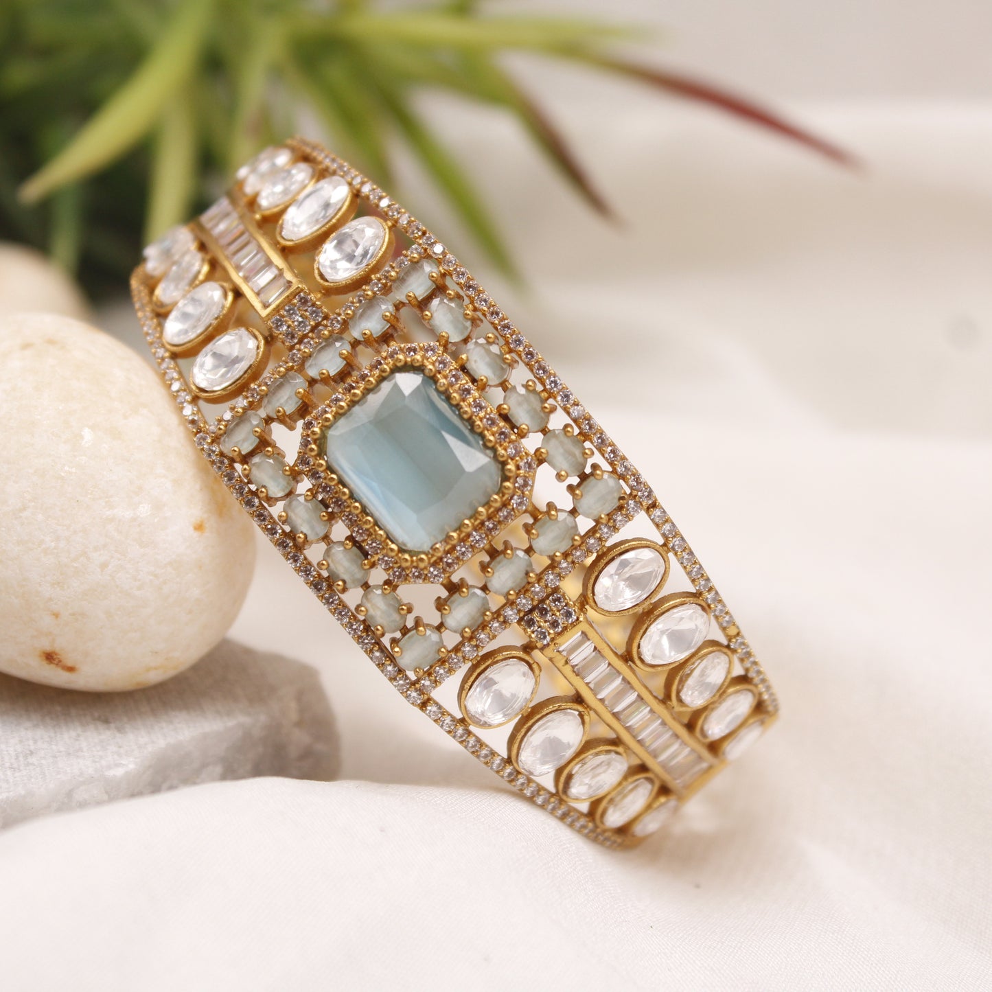 Premium Micro Gold Plated AD & Light Blue Stone Statement Kada