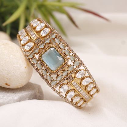Premium Micro Gold Plated AD & Light Blue Stone Statement Kada
