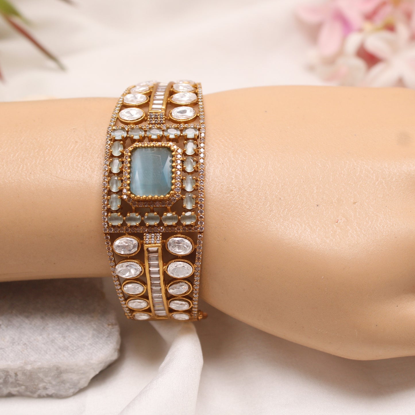 Premium Micro Gold Plated AD & Light Blue Stone Statement Kada