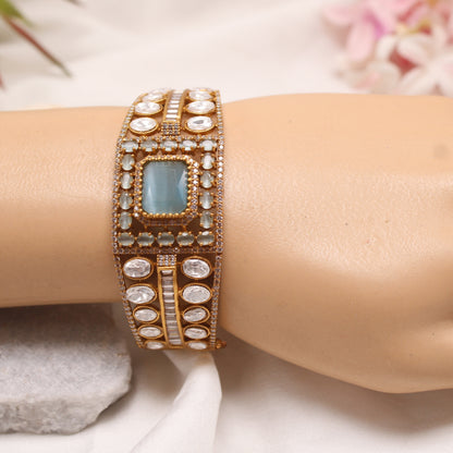Premium Micro Gold Plated AD & Light Blue Stone Statement Kada