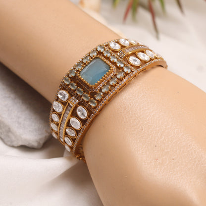 Premium Micro Gold Plated AD & Light Blue Stone Statement Kada