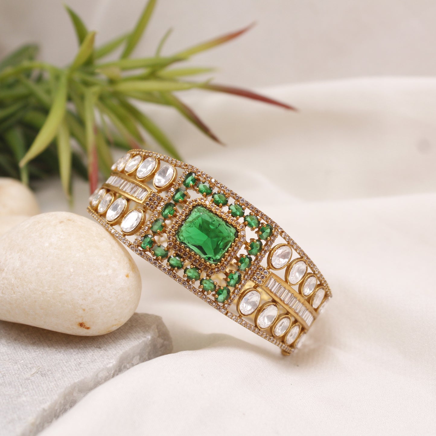 Navraee Micro Gold Plated Emerald Green & AD Statement Kada