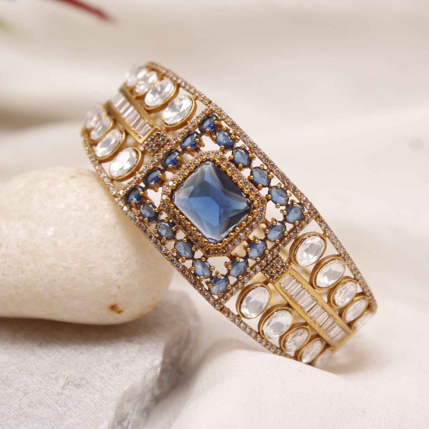 Sapphire Blue & White AD Micro Gold Plated Statement Kada