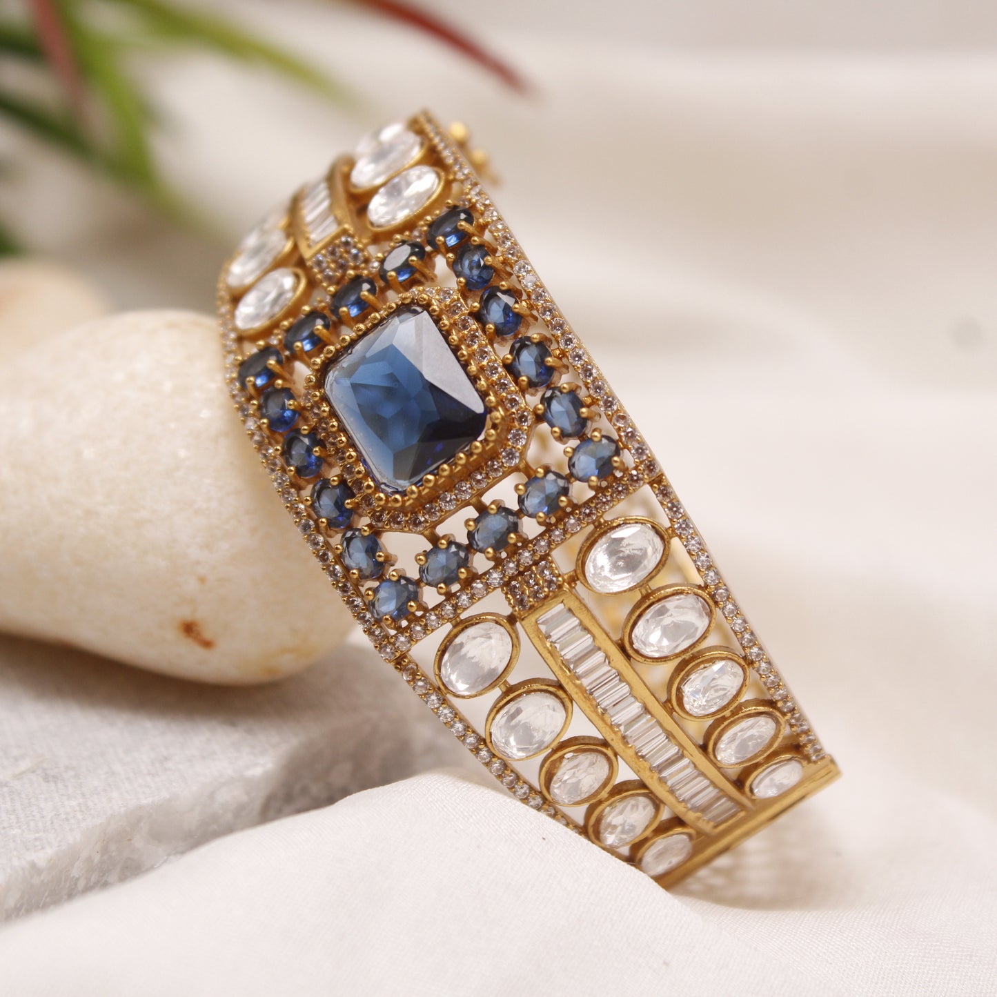 Sapphire Blue & White AD Micro Gold Plated Statement Kada