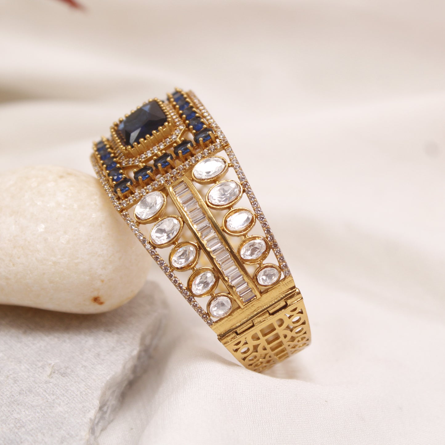 Sapphire Blue & White AD Micro Gold Plated Statement Kada