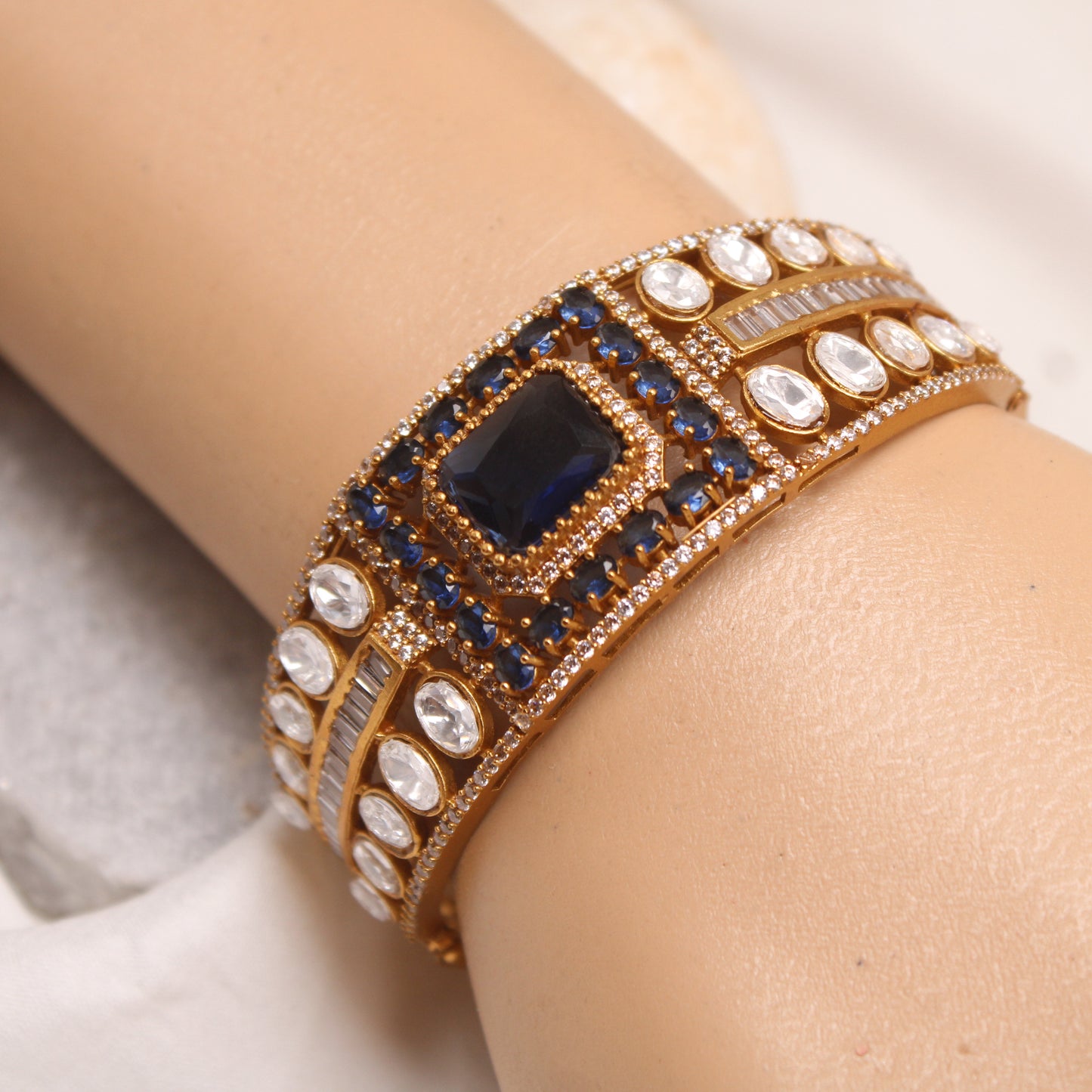 Sapphire Blue & White AD Micro Gold Plated Statement Kada