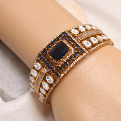 Sapphire Blue & White AD Micro Gold Plated Statement Kada